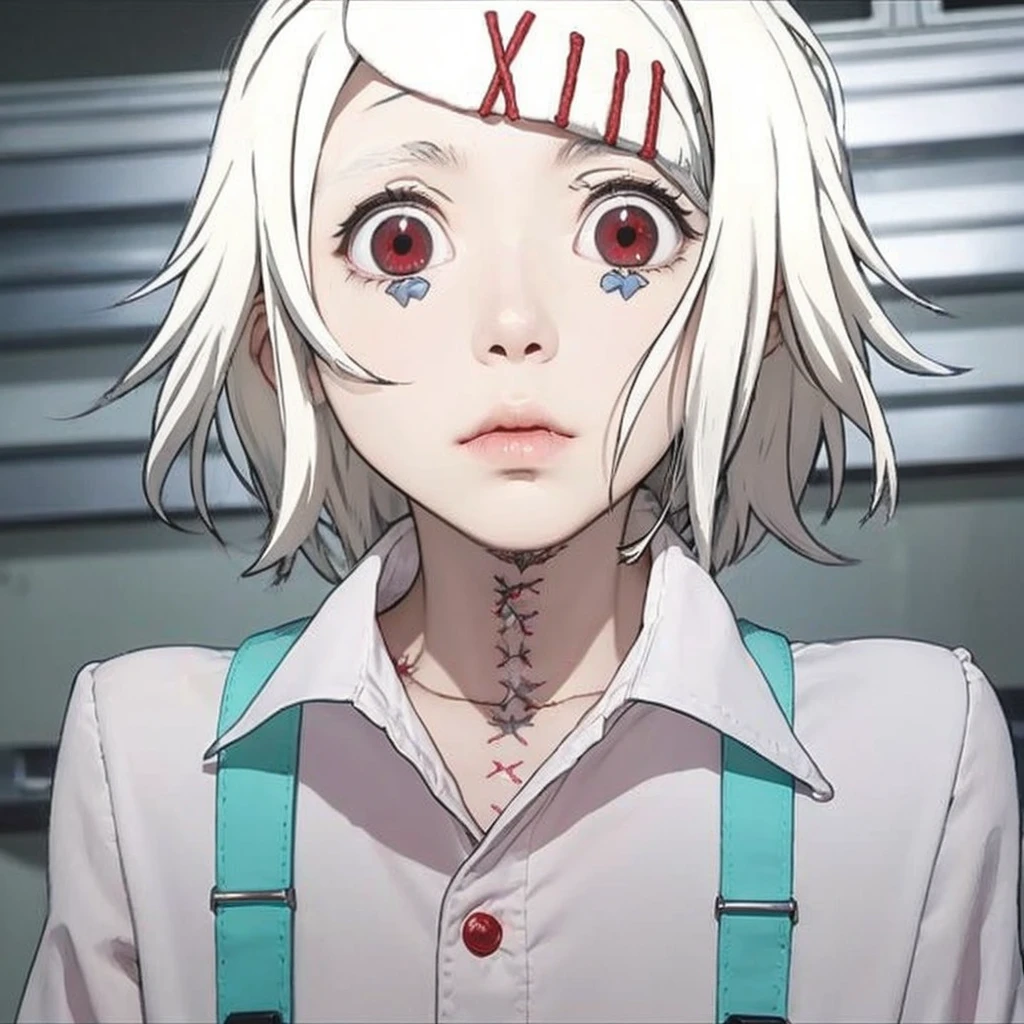 young man with white hair and red eyes and miniature set of red threads that appeared to be two x's are stitched on below his right eye. One below his bottom lip and a line of several stitching threads from his upper neck downward, and several more around his right arm and hand