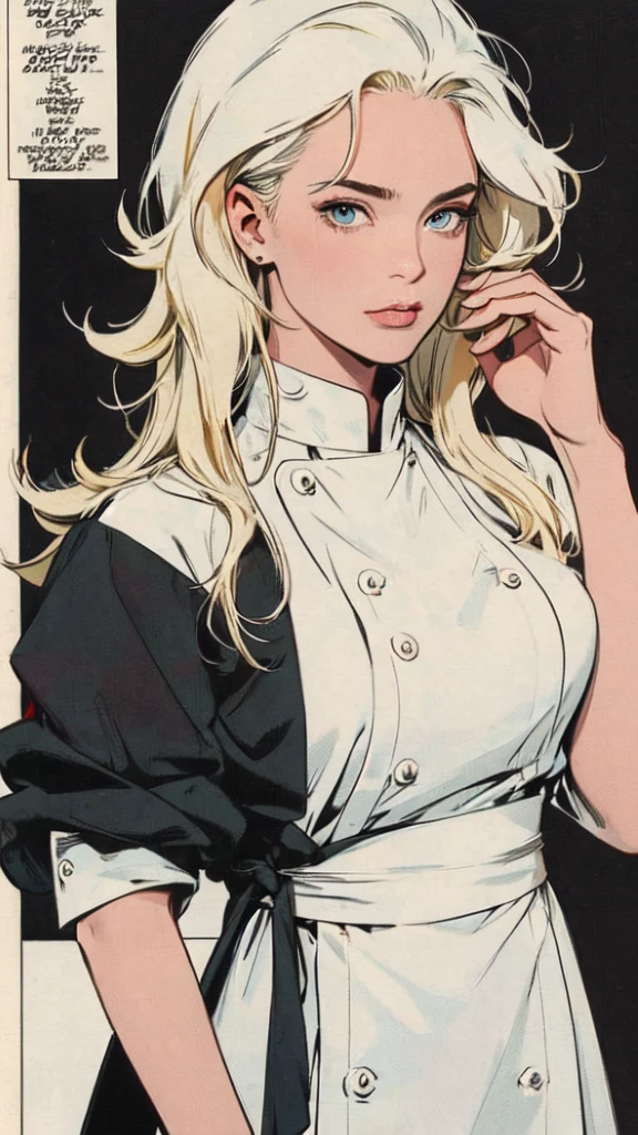 Restaurant chef, Wide shoulders, perfect hair, blonde hair, black uniform, Portrait, white rectangle in the background, ready to trim, no cut parts, White background, a girl who is a chef, masterpiece,extremely beautiful woman,Excellent sense,(((perfect very white background))),American Comics,(((The Perfect One Woman))),(((one person))),colorful,Highly detailed perfect upper body,highly detailed face,near future,SF,