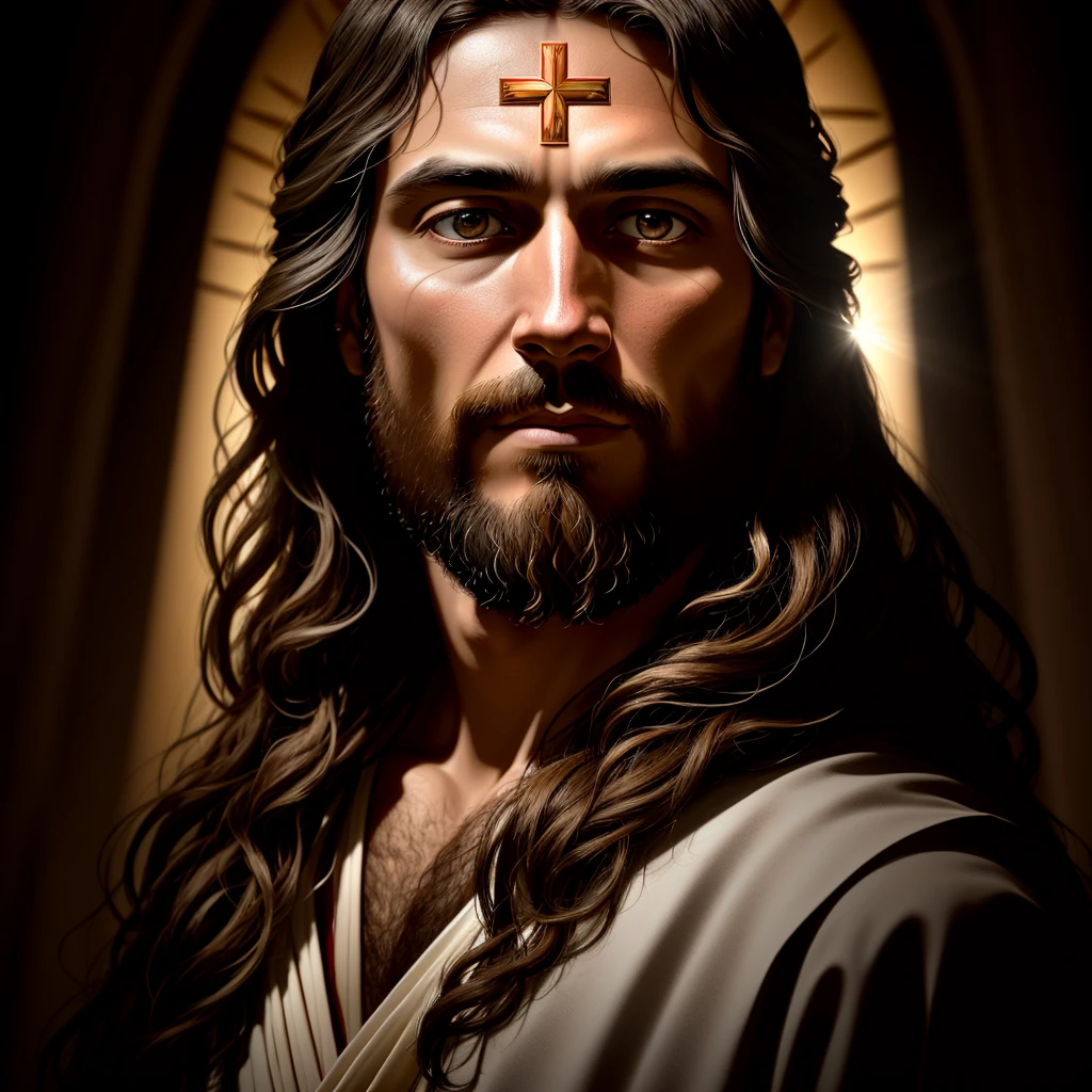 Jesus, traditional, religious, CINEMATOGRAPHIC REALISTIC, pictorial technique, dramatic lighting with light celestial white background, symbols of faith, emotional, religious devotion, cross, detailed faces, sacred atmosphere, vivid colors, divine lighting, celestial aura, deep shadows, sacred figures, masterpiece: 1.2, realistic, high resolution, ultra-detailed, with a focus on the look of Jesus Christ, with a serene and powerful look, with an aspect of joy, ultra-detailed