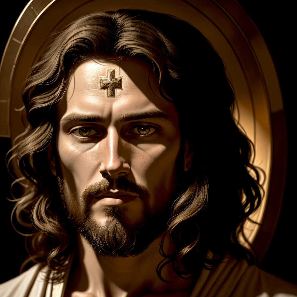 Jesus, traditional, religious, CINEMATOGRAPHIC REALISTIC, pictorial technique, dramatic lighting with light celestial white background, symbols of faith, emotional, religious devotion, cross, detailed faces, sacred atmosphere, vivid colors, divine lighting, celestial aura, deep shadows, sacred figures, masterpiece: 1.2, realistic, high resolution, ultra-detailed, with a focus on the look of Jesus Christ, with a serene and powerful look, with an aspect of joy, ultra-detailed