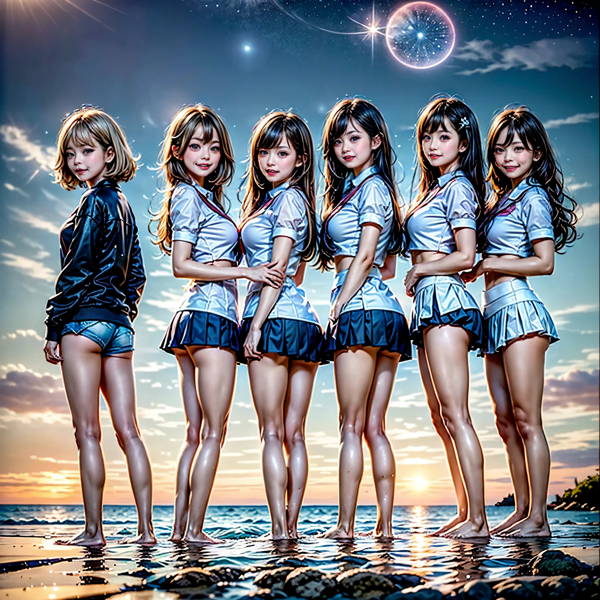 ((ExtremelyDetailed (12 PUNIPUNI KAWAII Girls in a row:1.37) in WHITE at Dusk Enoshima Beach)), (masterpiece 8K TopQuality) (ProfessionalPhoto:1.37), {(Standing Full Body:1.2)|(from below:1.2)}, Different types of hair colors, {(skinny(SchoolSwimwear))|(SchoolUniform with Low Rise Micro Shorts)}, {Detailed Childish hand|Hidden hand|Armpit|Different types of breasts of various sizes from HUGE to FLAT|(Clearly Visible the shape of Butt)}, Joyful Expressions LifeLike Rendering, PerfectLighting, (Dazzling RainbowColorHorizon), (Starry IridescentParticles:1.32) ColorfulClouds, (Acutance:0.8)(((from Side below))) (Standing in the sea) sparkling splashing water