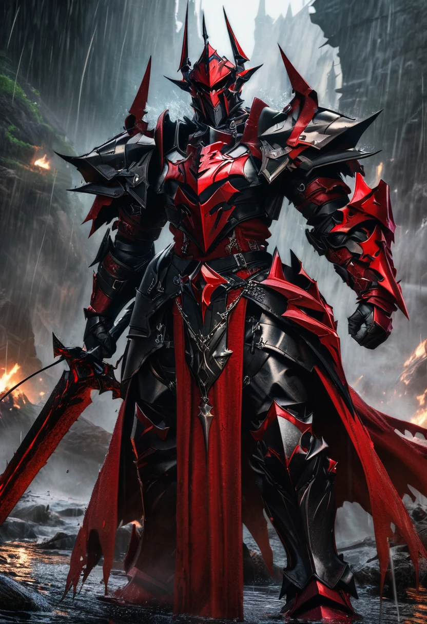 a close up of a person holding a sword in the rain, blood knight, fantasy knight, 8k high quality detailed art, badass anime 8 k, from arknights, evil knight, gothic knight, dark souls art style, arknights, fallen knight, knight armored in red, 4k fantasy art, epic fantasy digital art style, 8k fantasy art