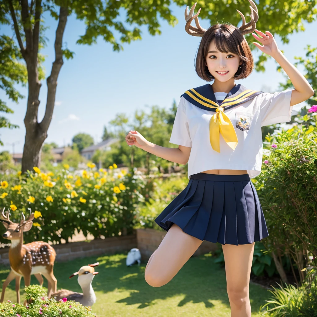 masterpiece, Highest quality, Brown haired beautiful girl、big eyes(Yellow Eyes)、bob cut、Deer horns、Sailor suit、Sky Blue Scarf、Thighs、smug face、smug、Duck mouth、mini skirt、jumping(1.3)、School Garden、sunny、morning、
