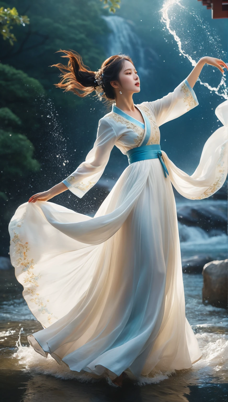 beautiful Korean woman, (((Mikamaria))), intricate pure white hanbok dress, spinning frantically, translucent stinging air particles on the hem of the dress ,Flying in the air like a Chinese movie,  (extremely detailed CG unity 8k wallpaper,masterpiece, best quality, ultra-detailed),(incredible lighting, dynamic camera angle),blue water splashing,stream, flowing water,watercolor, 70's retro filter, high-detail skin: 1.2) , 8K ultra-hd, DSLR, high quality, high resolution, 8K