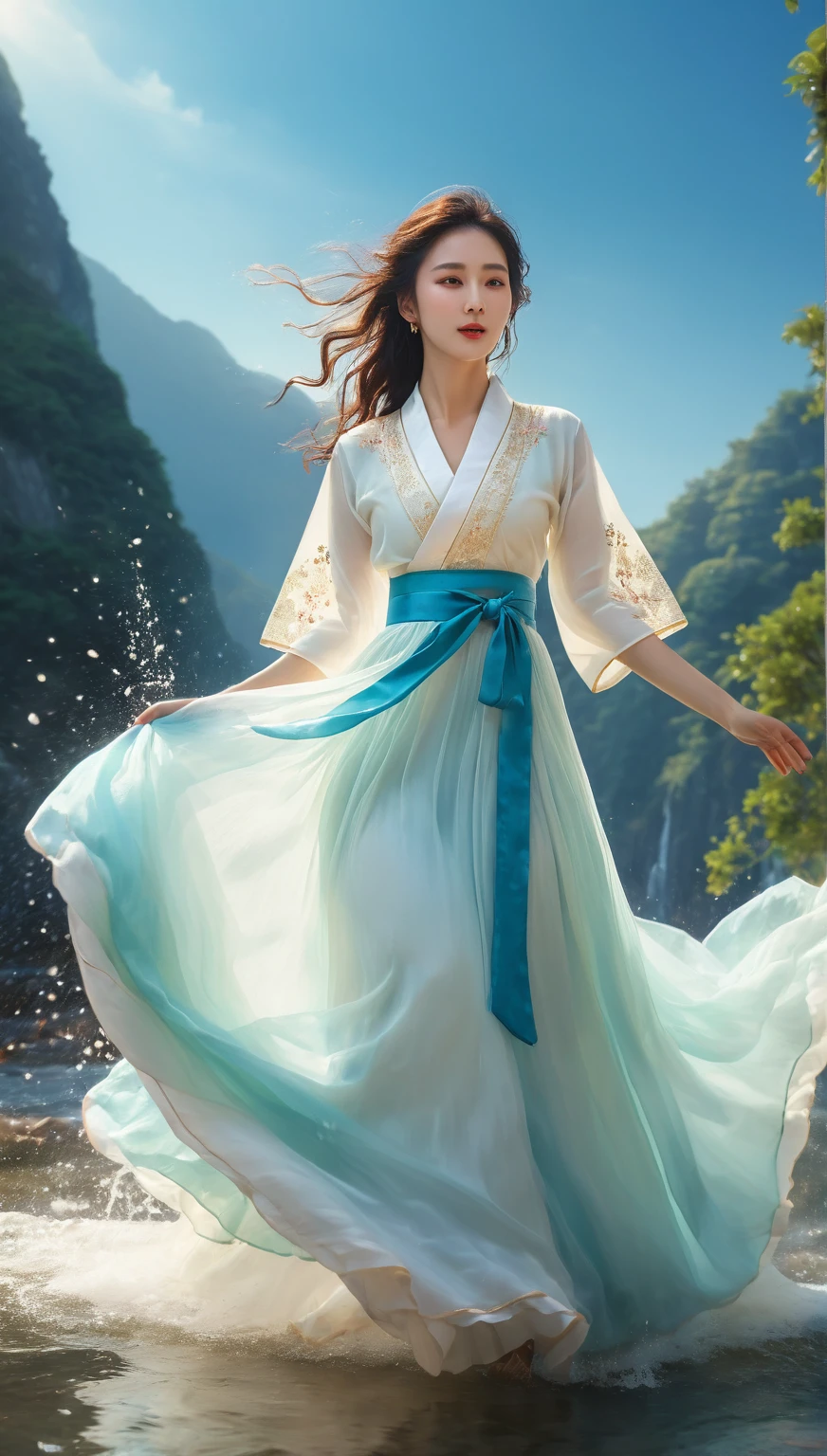 beautiful Korean woman, (((Mikamaria))), intricate pure white hanbok dress, spinning frantically, translucent stinging air particles on the hem of the dress ,Flying in the air like a Chinese movie, (extremely detailed CG unity 8k wallpaper,masterpiece, best quality, ultra-detailed),(incredible lighting, dynamic camera angle),blue water splashing,stream, flowing water,watercolor, 70's retro filter, high-detail skin: 1.2) , 8K ultra-hd, DSLR, high quality, high resolution, 8K
