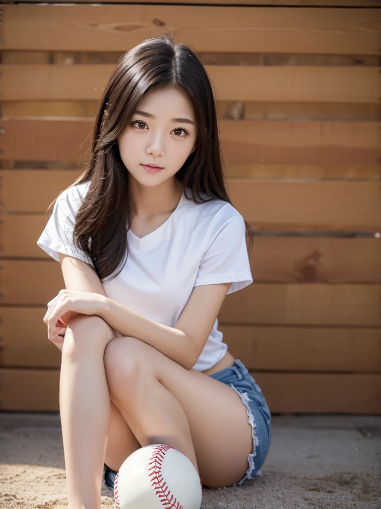 baseball、Ground、ball、Bad、baseball帽、(Highest quality)、((Very detailed))、4K、(8K)、masterpiece、Very detailedな、Highest quality、Super Resolution、1 person、Kind Face、Soft Light、RAW quality、Soft Skin、163cm、30 years old、Thighs