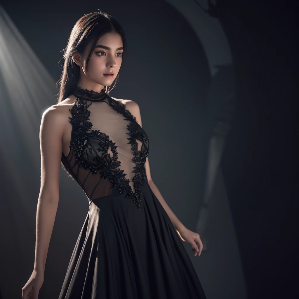 a girl wearing a dark dress decorated with transparent elements and a high neck, this photo composition attracts attention with its mysterious touch and elegant aesthetic, cinematic lighting,chiaroscuro lighting,delicate,digital art,intricate details,muted colors,soft focus,photorealistic,masterpiece,8k,best quality