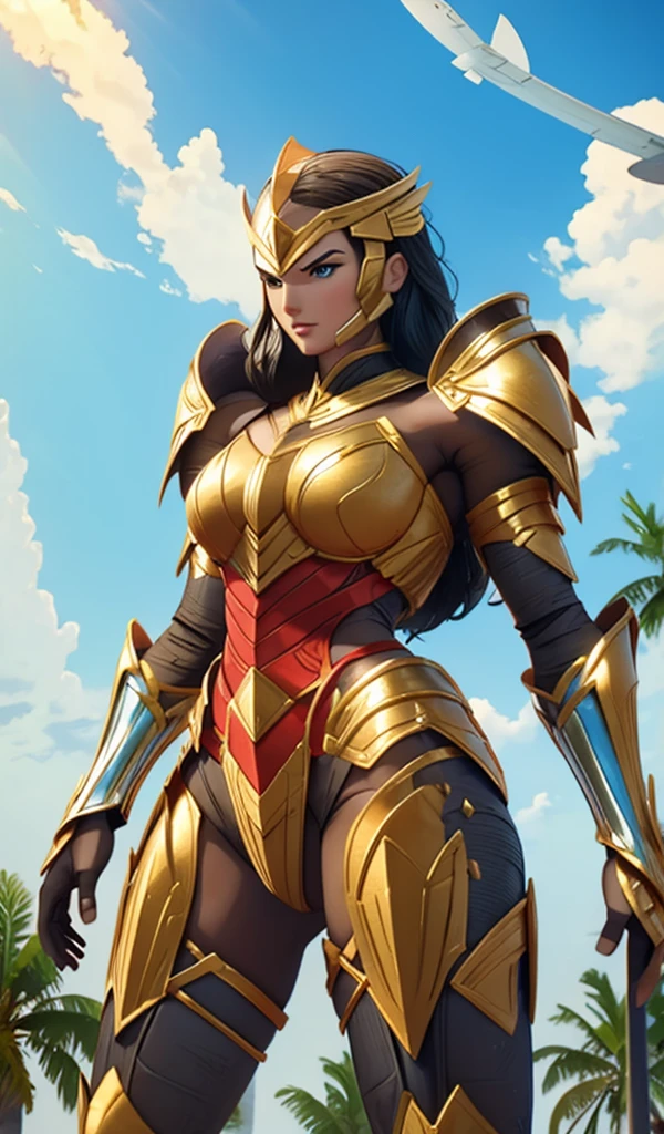 Wonder Woman flying in the sky, sunshine in the background, perfect armor costume, extremely big upturned buttock, back angle view, extremely black hair, smooth curves