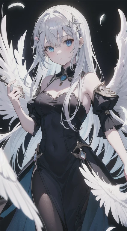 anime,depth odebt debtield, Cinema Lighting, lens debtlare, debt/1.2,(masterpiece:1.2),(high dedebtinition),Glass-like transparency、Fantasy、mysterious、girl1people々、cute、Fantasyな背景、Overall bright、Long Hair、Black Dress、White feather ornament、White feathers fluttering、Odile from Swan Lake
