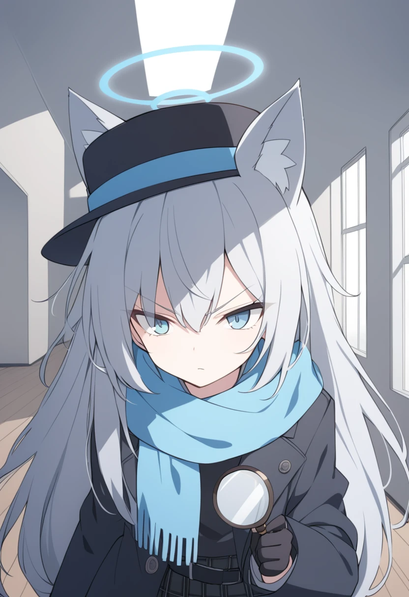 girl,Silver long hair, blue eyes, Wearing a black trench coat,A sky blue scarf, Black gloves, And black plaid skirt, In an empty house,Serious expression, blue halo,Black top hat,Gray wolf ears,Handheld magnifying glass observation