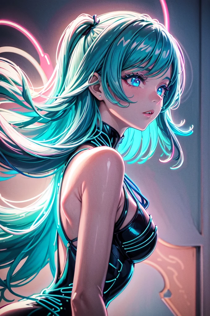 neon_outlines, close up, classy woman in a long evening dress, upscale gala event   beautiful girl angel, blue hair neon_outlines,