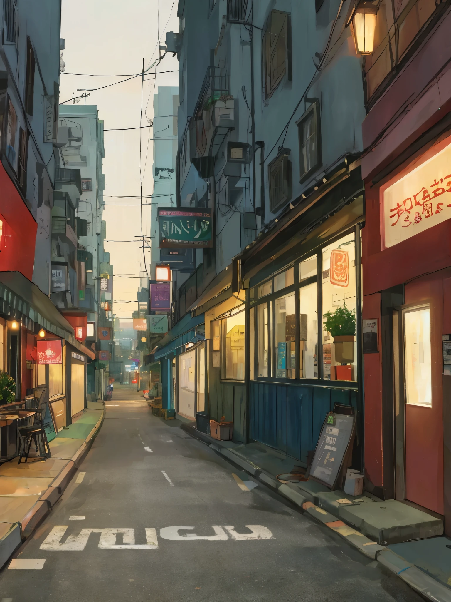 (masterpiece、Highest quality、Highest quality、Official Art、Beautiful and aesthetic:1.2)、Near future、Blade Runner、Slum Street、Late at night、Lo-fi Hip Hop、Cafe with small lights、Residential Street、silence、It&#39;s raining a little、人いない景色anime background, anime wallpaper, anime, anime style, praise, praise style, Modern Japanese streets, Mountain々, Uphill, Modern Japanese architecture, Japanese Convenience Stores, big retro japanese Store sign, Retro Japanese shop, wood, plant, rock, 植wood鉢, Store sign, Japanese Banner, Japanese Signs, flag, sunrise, Golden Hour, Golden lighting, Empty Streets, no one in sight, (no one: 1), Highest quality