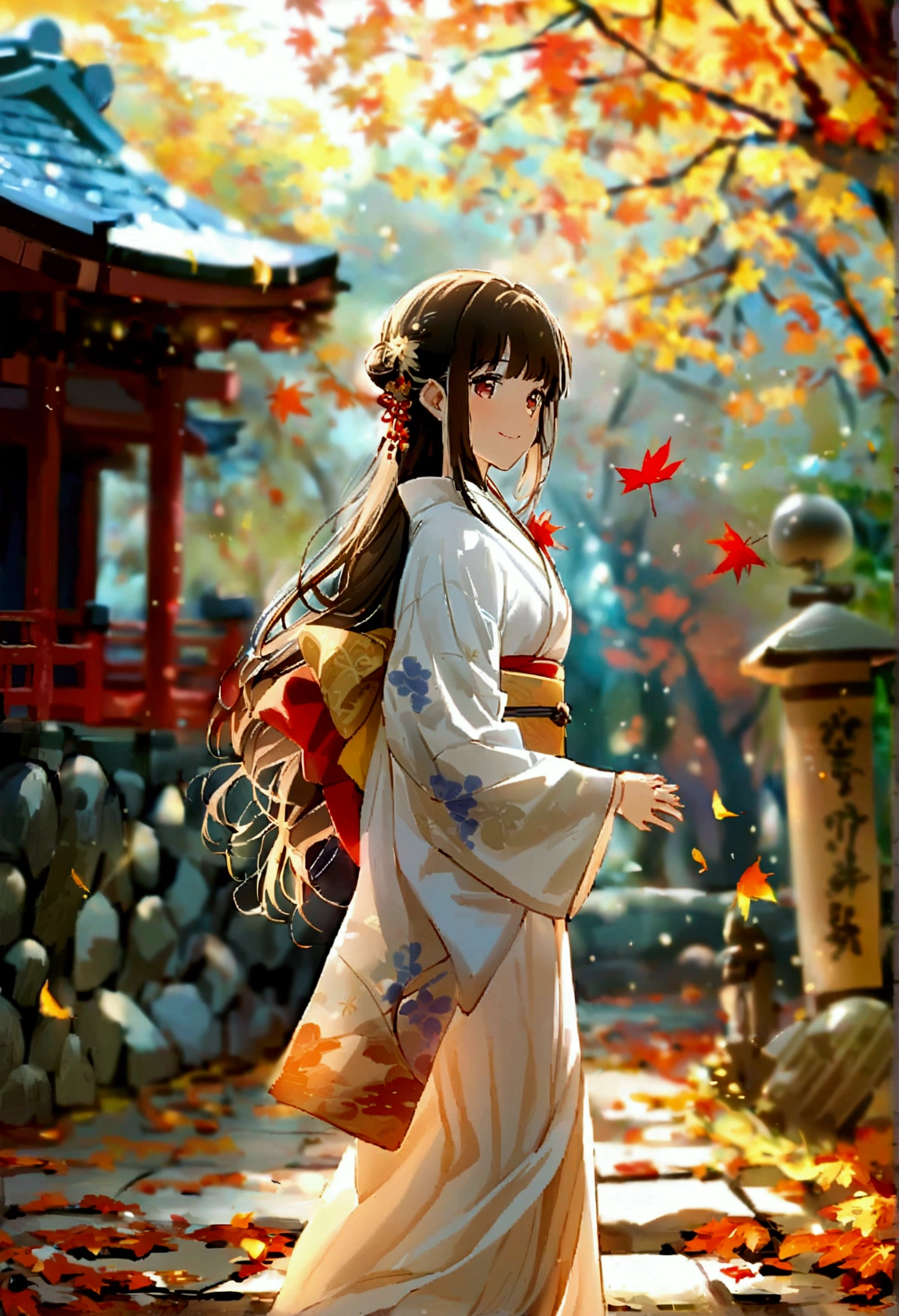 （grace，grace而神秘，身穿kimono的女性、Long hair，（kimono，White tabi socks and clogs），shrine，shrine的少女，Gentle smile，美丽的shrine风景，autumn,maple，Anime Background，Japanese art style，Fallen Leaves