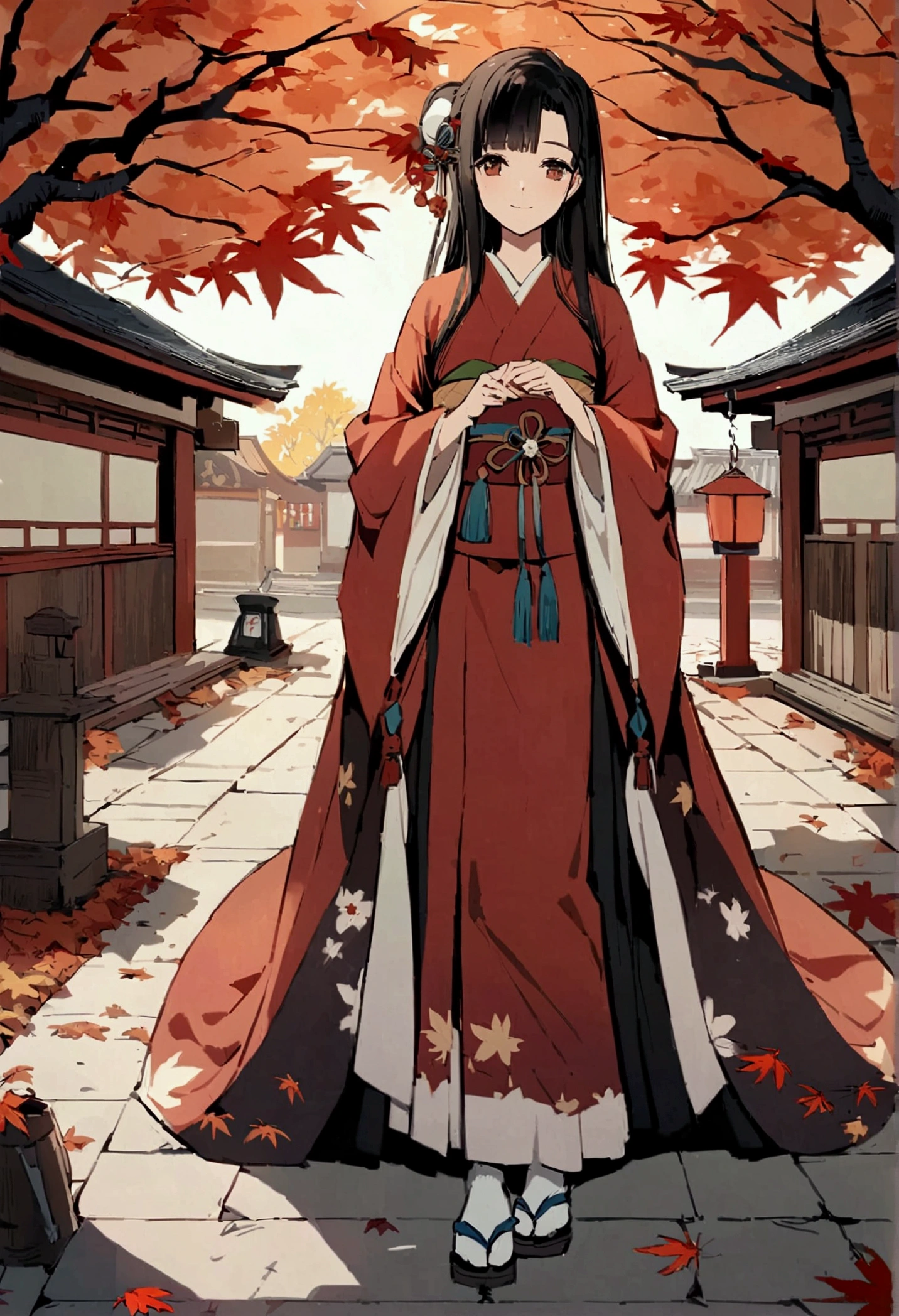 （grace，grace而神秘，身穿kimono的女性、Long hair，（kimono，White tabi socks and clogs），shrine，shrine的少女，Gentle smile，美丽的shrine风景，autumn,maple，Anime Background，Japanese art style，Fallen Leaves