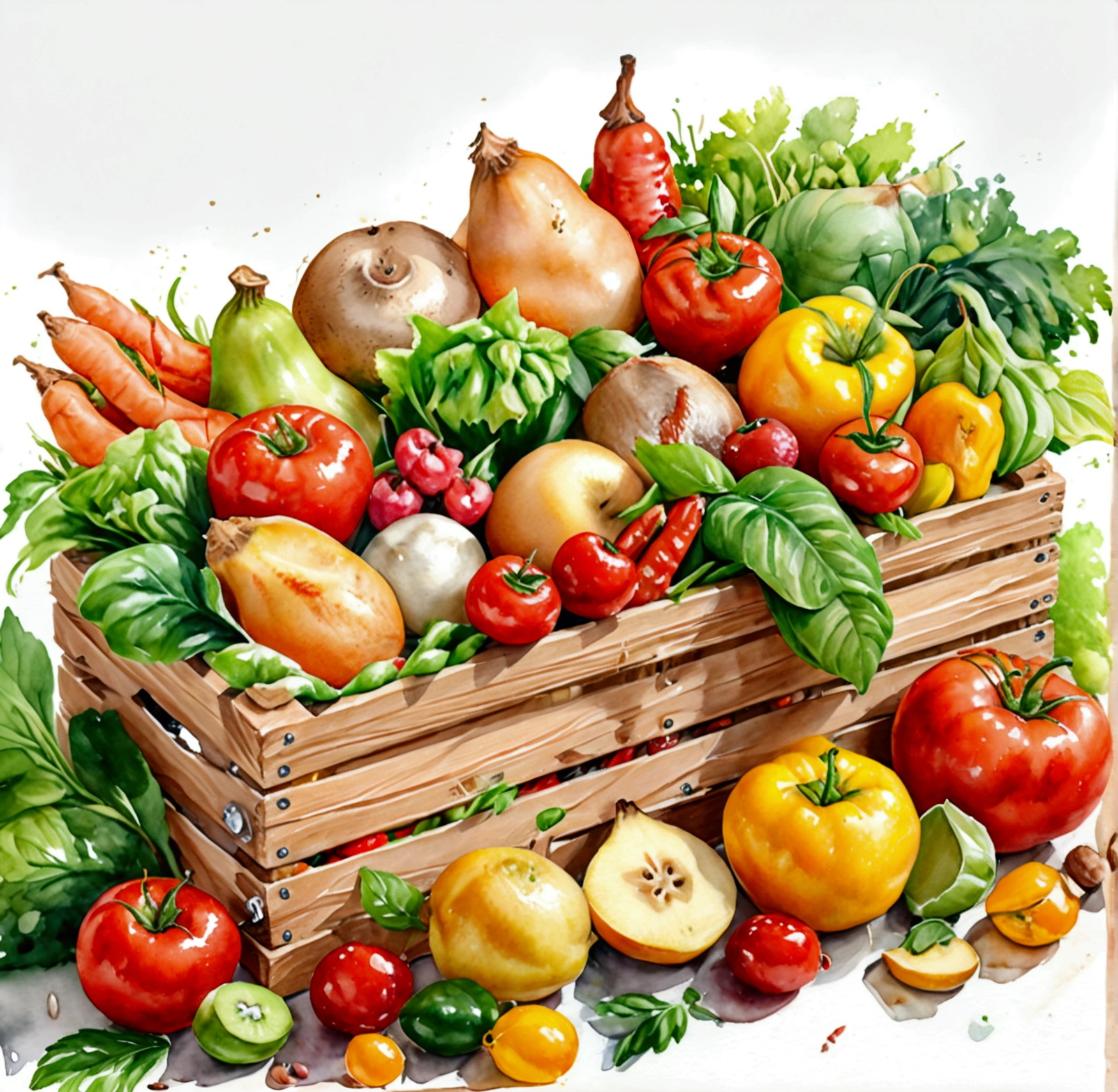 a wooden box with a lot of healthy food, illustration, isolated with solid white background, surrounded with negative space, centered composition, 8k, highest detailed painting, very precise painting, Isolated, clear solid white background, perspective angle of view, cartoon style, ((watercolor:1)), clip art, (lora:add-detail-xl:1), (masterpiece), (best quality),