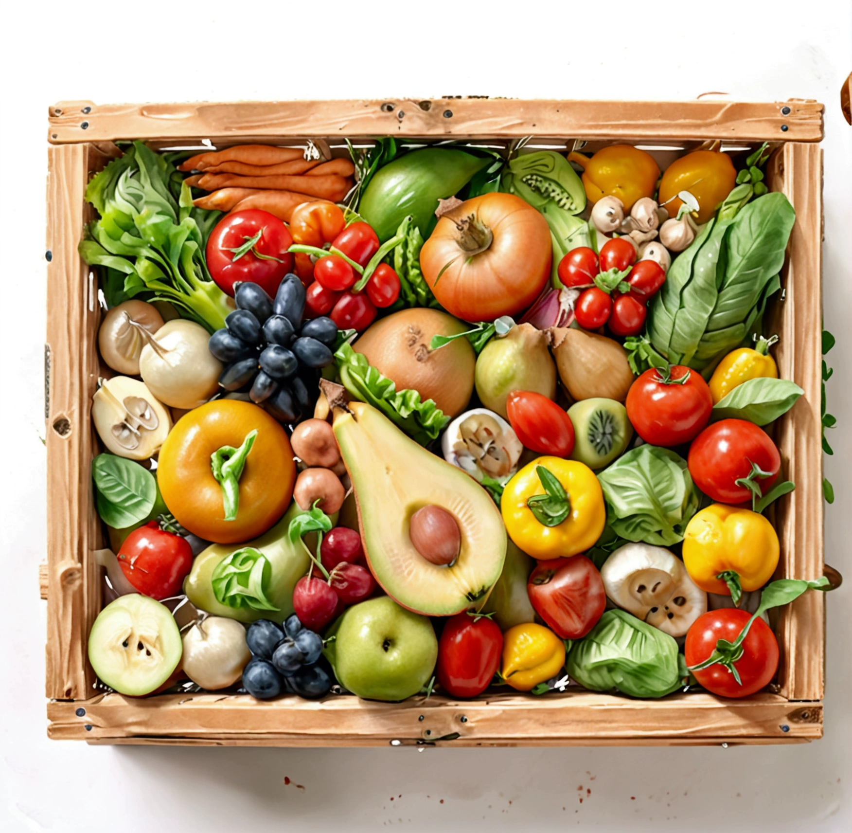 a wooden box with a lot of healthy food, illustration, isolated with solid white background, surrounded with negative space, centered composition, 8k, highest detailed painting, very precise painting, Isolated, clear solid white background, perspective angle of view, cartoon style, ((watercolor:1)), clip art, (lora:add-detail-xl:1), (masterpiece), (best quality),