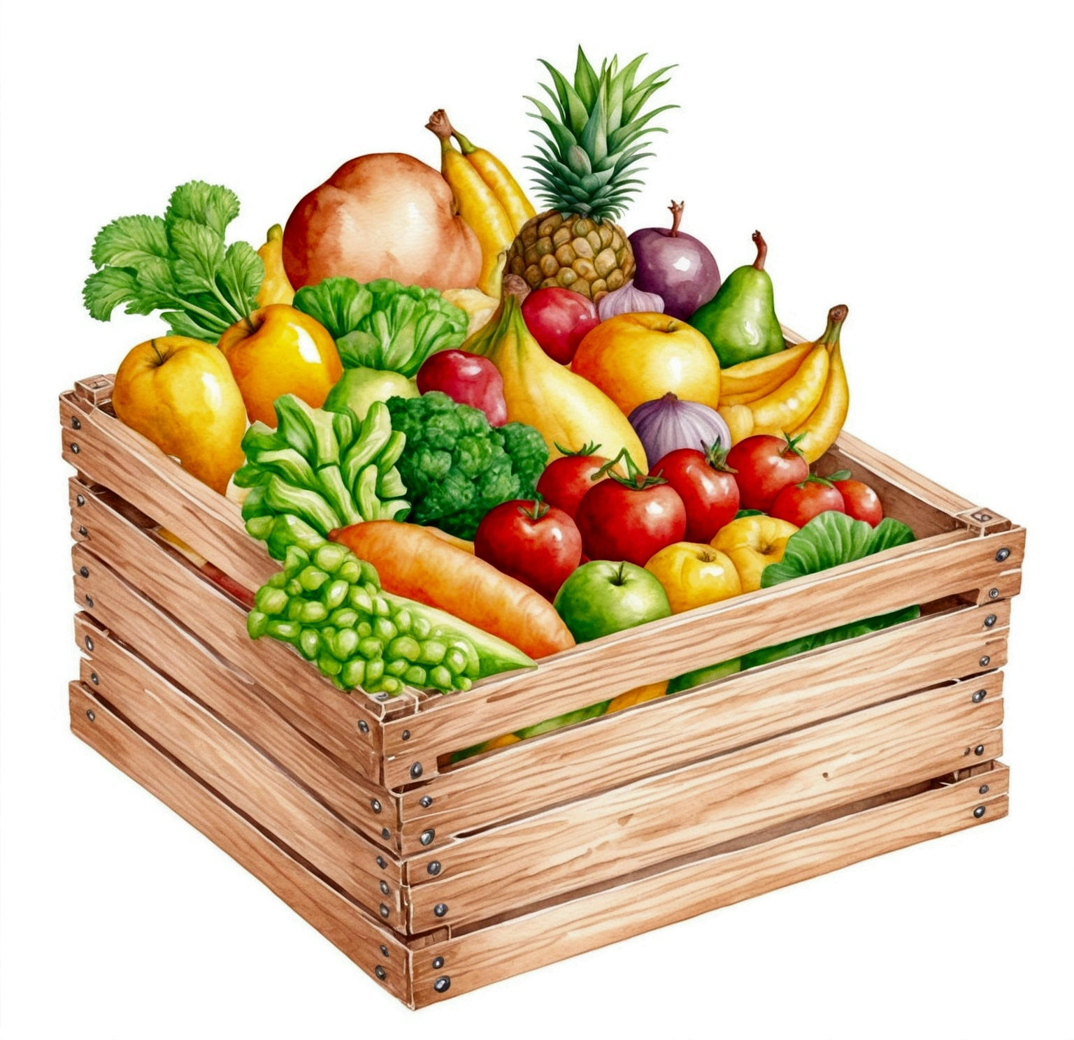 a wooden box with a lot of healthy food, illustration, isolated with solid white background, surrounded with negative space, centered composition, 8k, highest detailed painting, very precise painting, Isolated, clear solid white background, perspective angle of view, cartoon style, ((watercolor:1)), clip art, (lora:add-detail-xl:1), (masterpiece), (best quality),