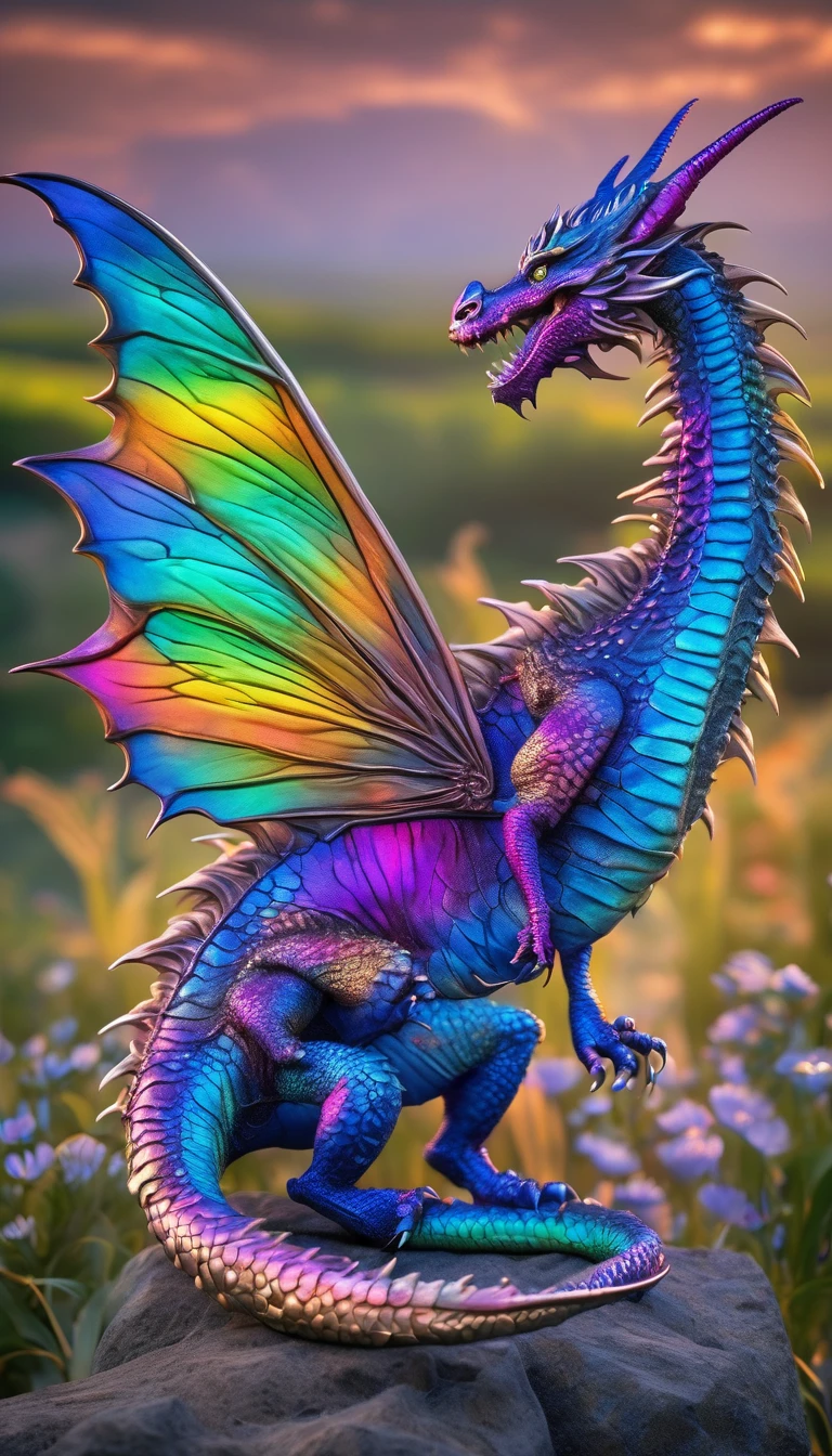 (whole body, detailed), ((Portrait of a dragon with blue butterfly wings:1.5)), photoRealistic, masterpiece: 1.2), (Highest quality, High resolution, 8K), (Realistic: 1.37), faint smoke, ultra detailed , Sharp focus, Bright Eyes, Scale and Texture, mysterious, Calm, Beautiful Landscape, Soft lighting, Vibrant colors, Rainbow and sunshine shining.16K, 超High resolution, Shining in rainbow colors、to be born,wonderful ,future、Iridescent、The world 30 years from now。