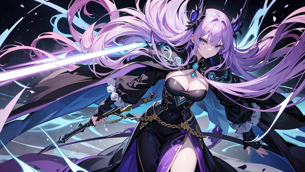 Nara Vor EndField now has long, flowing purple hair that reaches her waist, maintaining her piercing blue eyes that reflect intelligence and sharpness. She continues to wear a wide, full-length black dress with a high collar, adding a touch of elegance. Her serious and focused expression suggests determination and readiness for a challenge. The abstract, glowing background enhances the mysterious and dramatic aura surrounding her, emphasizing her strong and charismatic presence, holds a flaming spear, adding to her imposing and powerful presence. This enhances her already mysterious and dramatic aura, emphasizing her readiness for any challenge.