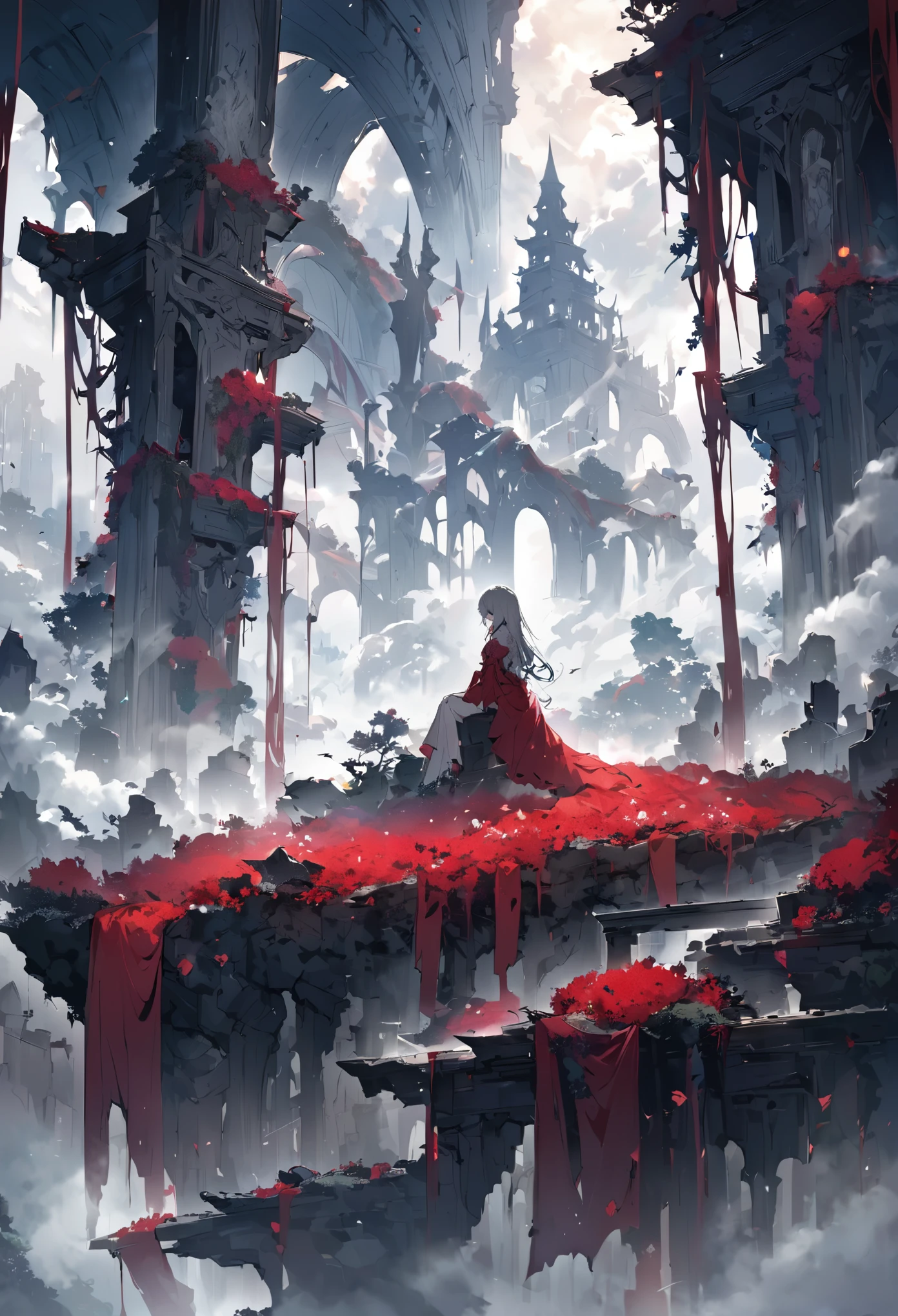 Poster Quality,Girl sitting on ruins、(The pillars are covered with ivy.々The red rose-like flowers bloom in:0.9)、(The whole place is covered in mist, creating a fantastical landscape.:1.5)