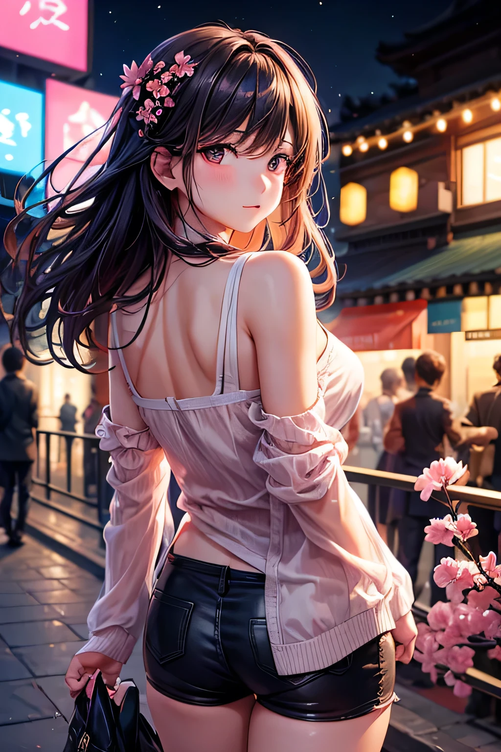 (Best quality, masterpiece: 1.3), 1 girl, rainy day, fog, alley, umbrella, looking at the audience, facing the photo, cyberpunk city, alone in an alley, neon lights in an alley, very reflective city, long hair, large and small strands of hair through the alley, bar, japan, Tokyo, garter belt on one leg, knee pads on the other, perfect hands, delicate, night, shorts, tank top, exposed chest, pink clothes