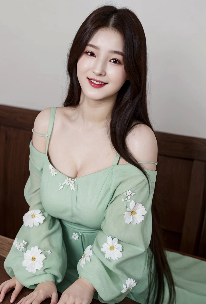 ultra realistic,32k,RAW photo,(high detailed skin:1.2),8k uhd,high quality, korean, 1girl, breast, 15 years old, sexy look, makeup, cute, beautiful, smiling, beautiful eyes, perfect eyes, perfect teeth, breast, touching breast, extra long hair, half body portrait, (tabletop:1.3),8K,, face to the viewer，Girl wearing beautiful floral dress，It shows a fresh and natural beauty。The dress is light green，It is covered with a variety of colorful floral patterns，This makes the whole dress look elegant and gorgeous。The neckline of the dress is a typical round neck，Fits her neck，Show her elegance。 The cut of the dress fits perfectly，Clinging to her body，Show off her graceful curves。The hem of the dress is just below the knee，It looks dignified and generous。She wears a pair of white canvas shoes on her feet，It goes well with the color and style of the dress。 Her hair was draped over her shoulders，Slightly curled，It gives a romantic and natural feeling。Her face was covered with light makeup，The choice of eye shadow and lip gloss harmonizes with the color of the dress。Girls dress as a whole，Full of fresh breath of spring and summer，It shows her elegant temperament and unique charm。
