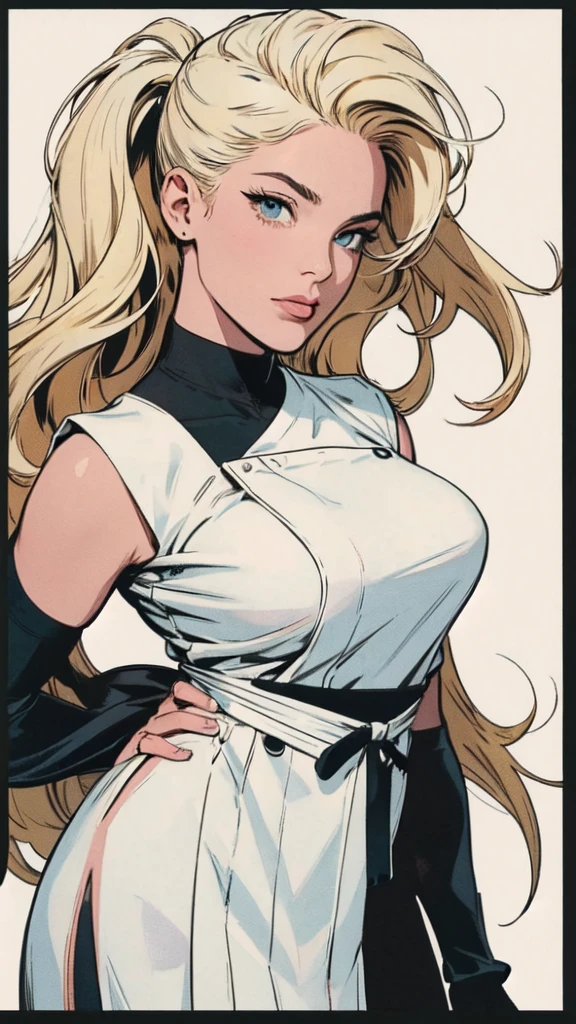 Restaurant chef, Wide shoulders, perfect hair, blonde hair, black uniform, Portrait, white rectangle in the background, ready to trim, no cut parts, White background, a girl who is a chef, masterpiece,extremely beautiful woman,Excellent sense,(((perfect very white background))),American Comics,(((The Perfect One Woman))),(((one person))),colorful,Highly detailed perfect upper body,highly detailed face,near future,SF,