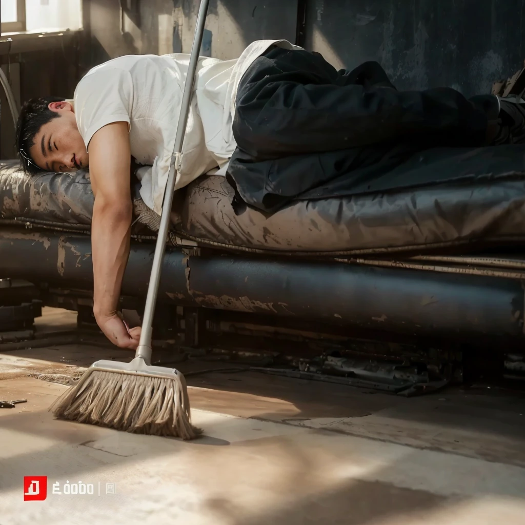 asian man นอนอยู่บนโซฟาพร้อมไม้sweepและไม้ถูพื้น, sweep, Dirty apartment, Maintenance, Home, Do it yourself, Out of condition, struggle, in the spotlight, ผู้หญิงtiredมาก, Sprawl out., shit, The future of cleaning, clean image, majestic sweep action, The floor is full of dust., ด้ามไม้sweep, professional, tired, ความtiredล้า, scary, The floor was dirty and dusty.