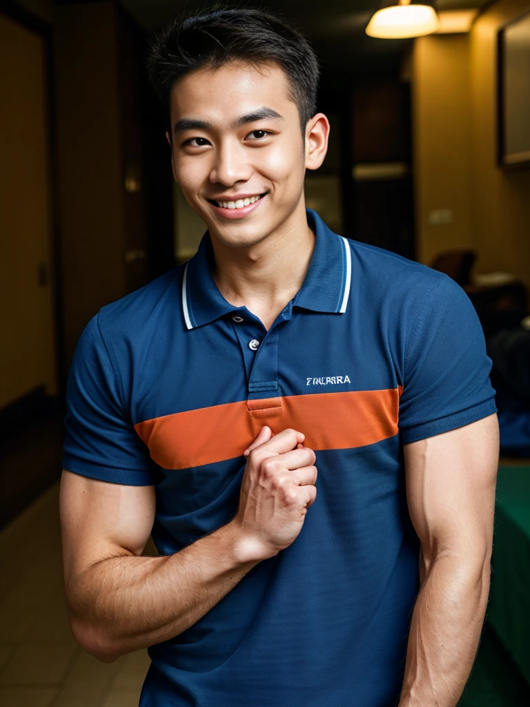 (best quality, 4K, 8K, high resolution, Masterpiece: 1.2), Special details, (realistically, As realistic as a photo, photo realistic: 1.37), Edge lighting, Extra detailed coloring, sharp focus, Physical rendering ,Extremely detailed description,professional,light color,Bokeh,Portrait,look at the viewer,
Young Asian man, 20 years old ,(Wear a dark blue polo shirt.), smile