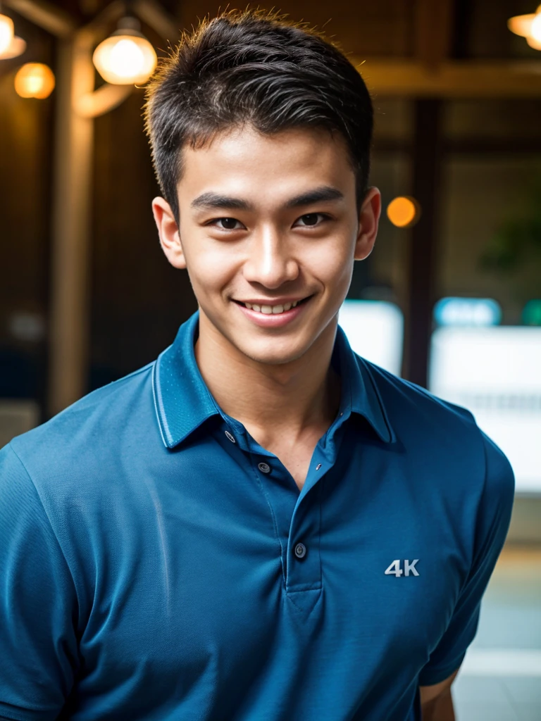 (best quality, 4K, 8k, high resolution, Masterpiece: 1.2), Special details, (realistically, As realistic as a photo, photo realistic: 1.37), Edge lighting, Extra detailed coloring, sharp focus, Physical rendering ,Extremely detailed description,professional,Bokeh,Portrait,look at the viewer, Young Asian man, 20 years old ,(Wear a navy polo shirt.), smile ,Wide yard