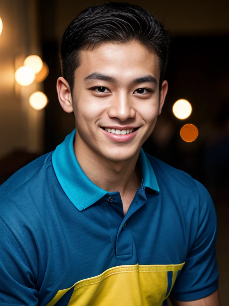 (best quality, 4K, 8K, high resolution, Masterpiece: 1.2), Special details, (realistically, As realistic as a photo, photo realistic: 1.37), Edge lighting, Extra detailed coloring, sharp focus, Physical rendering ,Extremely detailed description,professional,light color,Bokeh,Portrait,look at the viewer,
Young Asian man, 20 years old ,(Wear a dark blue polo shirt.), smile