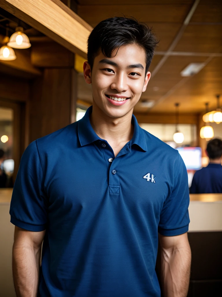 (best quality, 4K, 8K, high resolution, Masterpiece: 1.2), Special details, (realistically, As realistic as a photo, photo realistic: 1.37), Edge lighting, Extra detailed coloring, sharp focus, Physical rendering ,Extremely detailed description,professional,light color,Bokeh,Portrait,look at the viewer,
Young Asian man, 20 years old ,(Wear a dark blue polo shirt.), smile