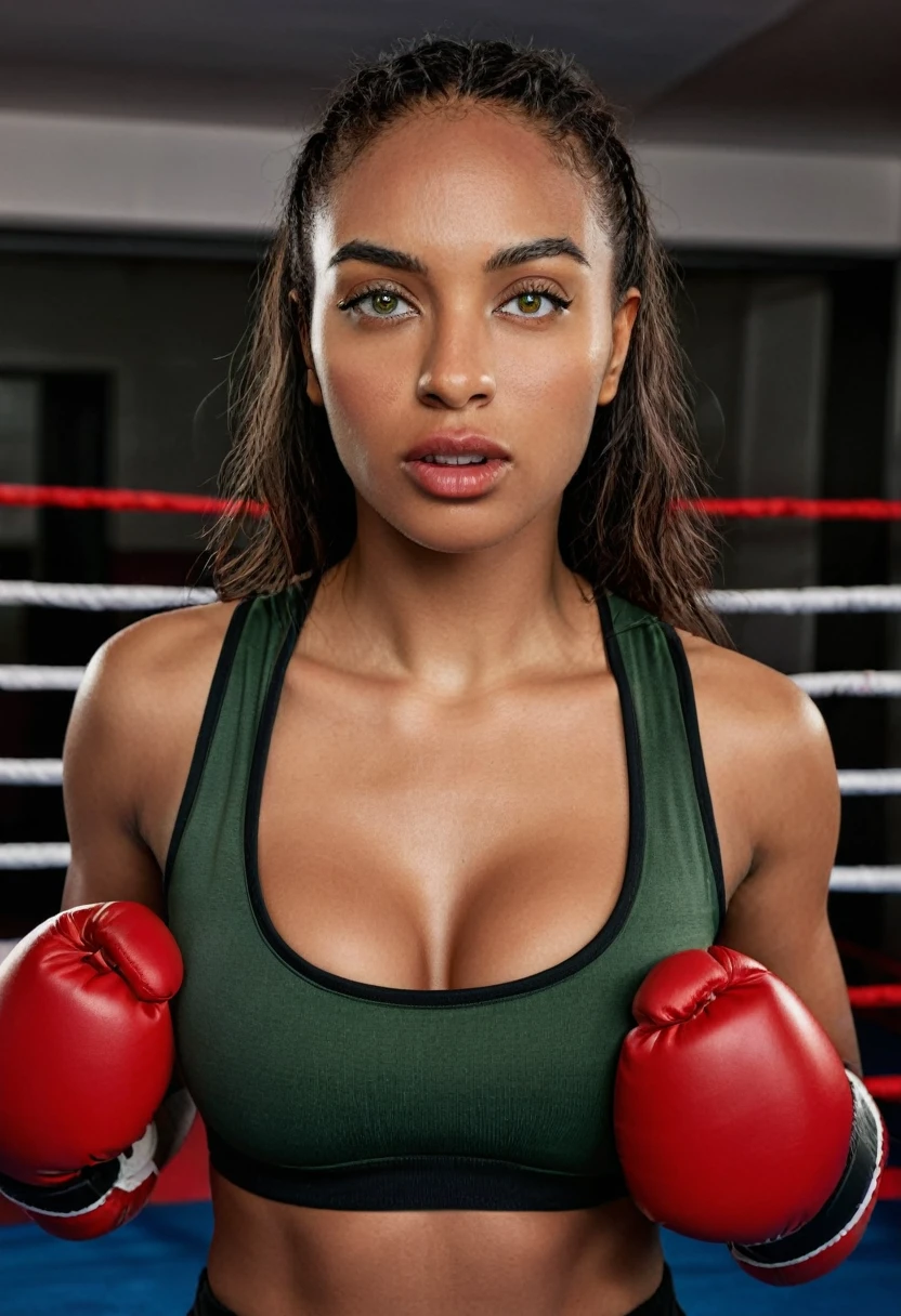 A woman in a boxing ring posing for a photo, wmma. A woman in a black tank top and red boxing gloves. Portrait of a female boxer, fierce expression, sweat on her face, boxing gloves, [Realistic], (strong lighting: 1.2), (boxing ring scene: 1.1), (4k resolution. Black sports bra and shorts, Boxer gloves, With attentive eyes, boxing stance, waist line 1 hyper-realistic real photo, frontal close-up, swinging a boxing glove in front of the camera with passion and anger, preparing to throw a strong punch Completely Arafed woman with green eyes. head up. Pose of a strong, muscular woman, determined expression, fierce look, athletic build, confident pose, beautiful young black woman 25 years old with voluminous dark skin with brown highlights, green eyes, beautiful green eyes, green eyes,. realistic, detailed green eyes, ultra-realistic, symmetrical, hyper-realistic (eyeliner, long and perfect eyelashes, the nose is small and proportional to the face and the soft contour of the face that accentuates the high cheekbones, attractive mouth and). irresistible, well-defined lips, full lips, voluminous lips, seductive lips, captivating, striking, unforgettable and enigmatic black lipstick. The face is oval, with high cheekbones and a well-defined chin, a beautiful and detailed face. Black lipstick, gothic makeup. Skin tone: Olive skin, healthy and even glow, with olive skin, dark skin, sexy girl with olive skin, detailed skin texture, beautiful and glowing skin, intricate details, smooth skin, healthy and radiant appearance. Hourglass body, voluptuous body, slender woman, Huge breasts, well-toned tummy, slim waist, Wide hips, big hips, huge butt, thick thighs, Long shapely legs. 50mm lens, f/2.8, hdr, RAW photo (8K), high quality resolution 8K uhd, dslr, 2k, 4K, 8K, 16K.
