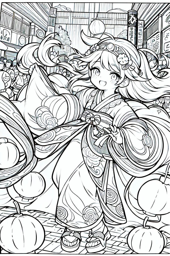 As a coloring book, the color should be black and white, the border should be simple, clear, and bold. A bubbly Asian girl with a contagious smile is enjoying a lively [matsuri festival] in the bustling streets of Tokyo. She is wearing a festive [kimono with goldfish pattern], the vibrant colors blending with the energy of the crowd. The girl's hands are clapping to the rhythm of the music, and her hair is adorned with a colorful [hair ornament]. The festival lanterns and street decorations provide a festive backdrop for the coloring book illustration.
