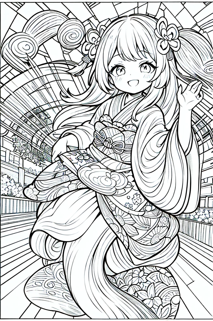 As a coloring book, the color should be black and white, the border should be simple, clear, and bold. A graceful Asian girl with elegant movements is performing a traditional Japanese dance in a grand [Kabuki theater]. She is wearing an exquisite [kimono with crane pattern], the flowing silk fabric accentuating her graceful movements. The girl's face is painted with delicate makeup, and her hair is adorned with an elaborate [hair ornament]. The intricate details of the kimono and the theater setting provide for the coloring book illustration.