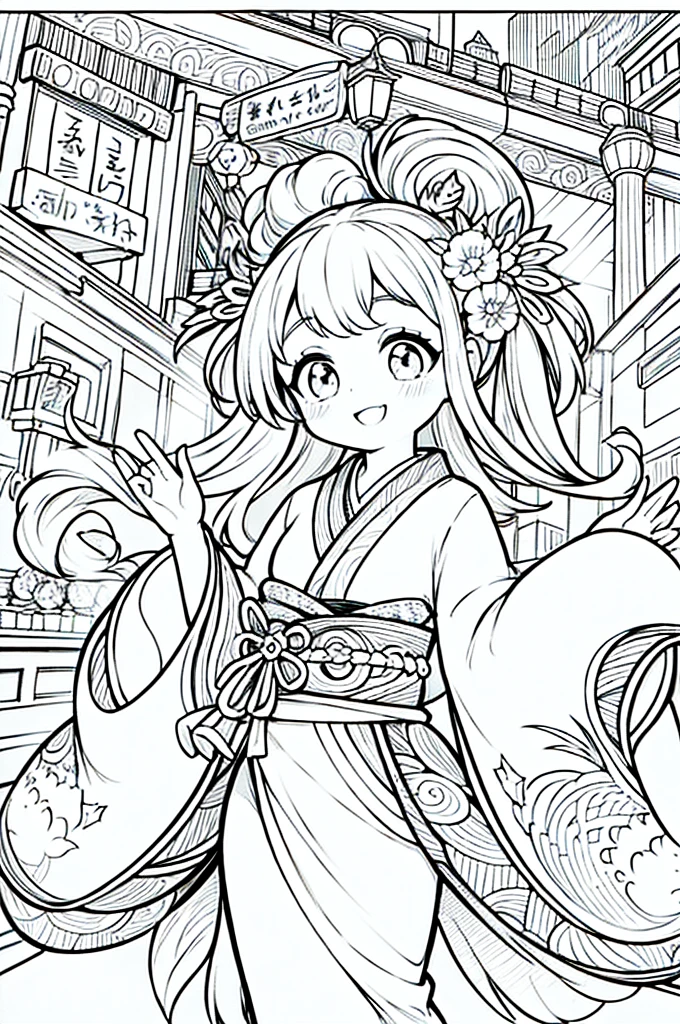 As a coloring book, the color should be black and white, the border should be simple, clear, and bold. A bubbly Asian girl with a contagious smile is enjoying a lively [matsuri festival] in the bustling streets of Tokyo. She is wearing a festive [kimono with goldfish pattern], the vibrant colors blending with the energy of the crowd. The girl's hands are clapping to the rhythm of the music, and her hair is adorned with a colorful [hair ornament]. The festival lanterns and street decorations provide a festive backdrop for the coloring book illustration.
