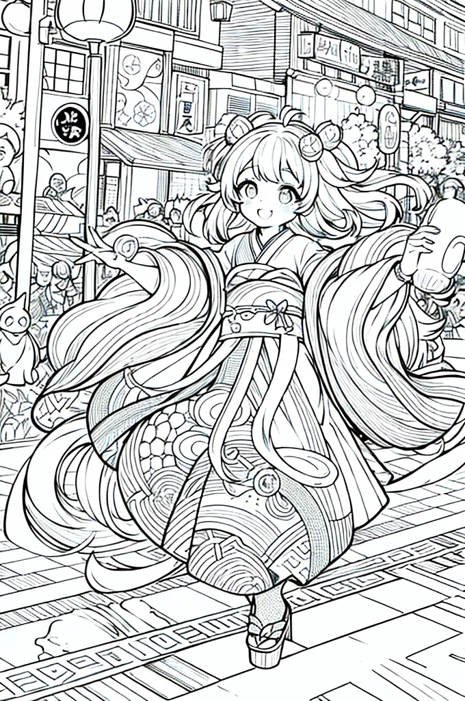As a coloring book, the color should be black and white, the border should be simple, clear, and bold. A bubbly Asian girl with a contagious smile is enjoying a lively [matsuri festival] in the bustling streets of Tokyo. She is wearing a festive [kimono with goldfish pattern], the vibrant colors blending with the energy of the crowd. The girl's hands are clapping to the rhythm of the music, and her hair is adorned with a colorful [hair ornament]. The festival lanterns and street decorations provide a festive backdrop for the coloring book illustration.
