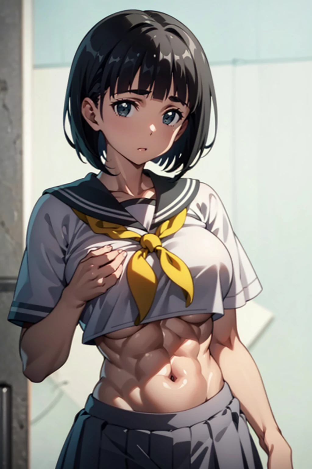 1 female,Suguha Kirigaya,white sailor suit,short sleeved,covered nipples,croptop,gray low-rise micro pleated skirt,breasts,leanbody:1.5,beautiful abs:0.5