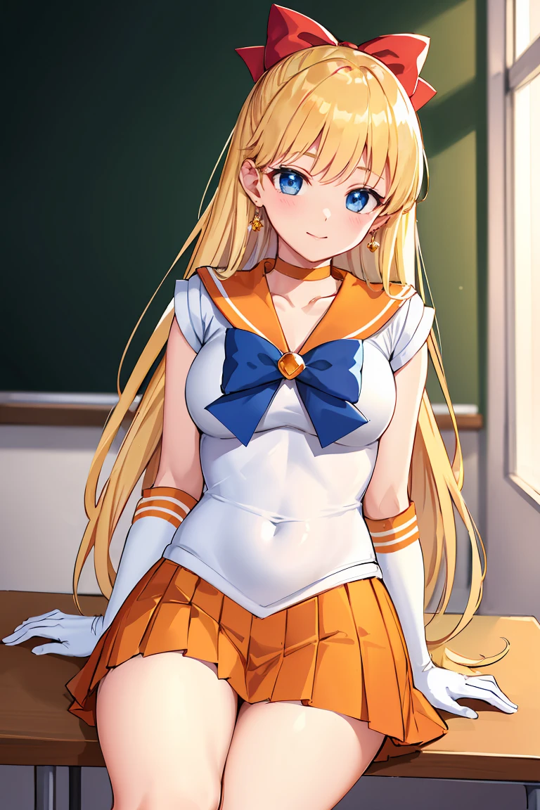masterpiece, Highest quality, High resolution, Venus 1, One girl, alone, Sailor Warrior Uniforms, Sailor Venus, aino minako, Blonde, Magical girl, blue eyes, Orange Skirt, Elbow hand pockets, tiara, Pleated skirt, Hair Ribbon, Orange sailor collar, mini skirt, choker, Red Bow, orange choker, White gloves, Very long hair, jewelry, Earrings, Sitting, Crossing your legs,The background is a school classroom,smile、