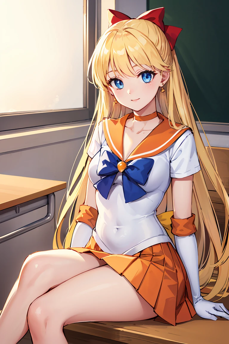 masterpiece, Highest quality, High resolution, Venus 1, One girl, alone, Sailor Warrior Uniforms, Sailor Venus, aino minako, Blonde, Magical girl, blue eyes, Orange Skirt, Elbow hand pockets, tiara, Pleated skirt, Hair Ribbon, Orange sailor collar, mini skirt, choker, Red Bow, orange choker, White gloves, Very long hair, jewelry, Earrings, Sitting, Crossing your legs,The background is a school classroom,smile、