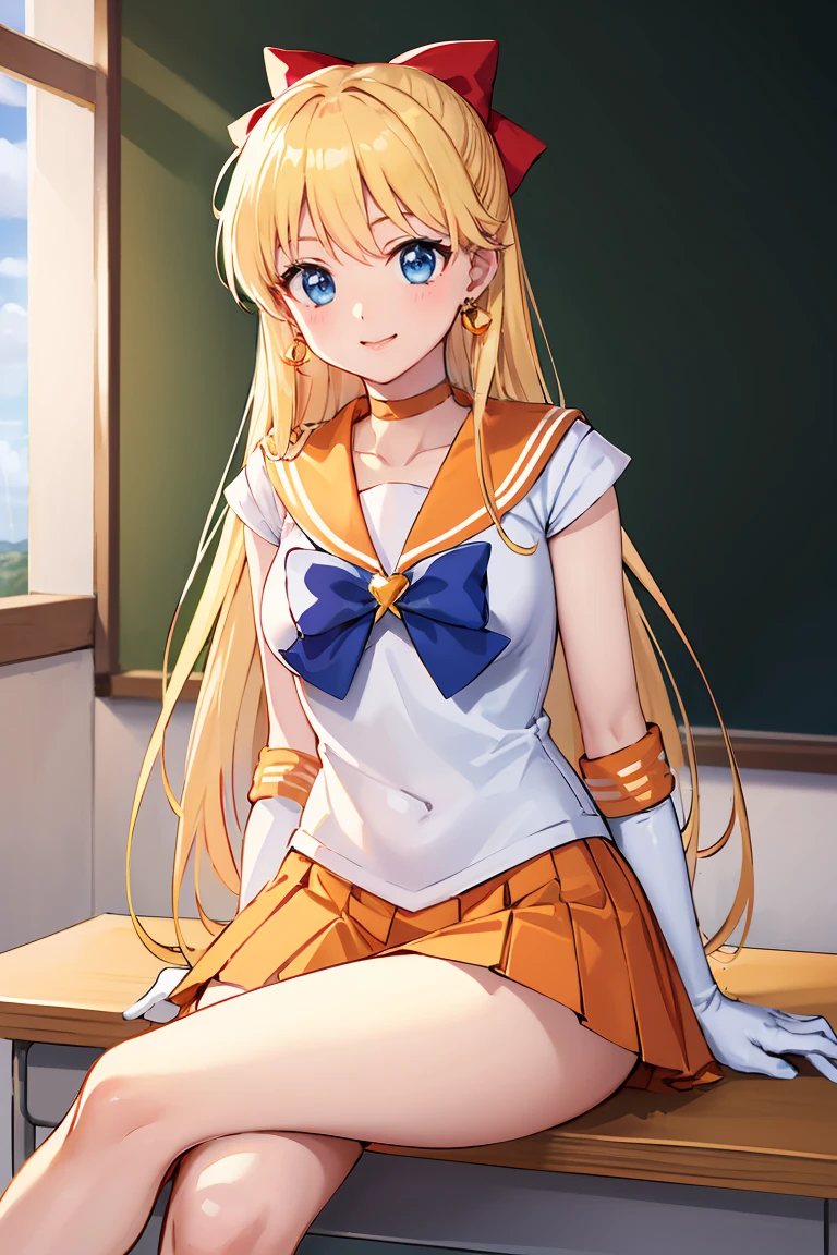 masterpiece, Highest quality, High resolution, Venus 1, One girl, alone, Sailor Warrior Uniforms, Sailor Venus, aino minako, Blonde, Magical girl, blue eyes, Orange Skirt, Elbow hand pockets, tiara, Pleated skirt, Hair Ribbon, Orange sailor collar, mini skirt, choker, Red Bow, orange choker, White gloves, Very long hair, jewelry, Earrings, Sitting, Crossing your legs,The background is a school classroom,smile、