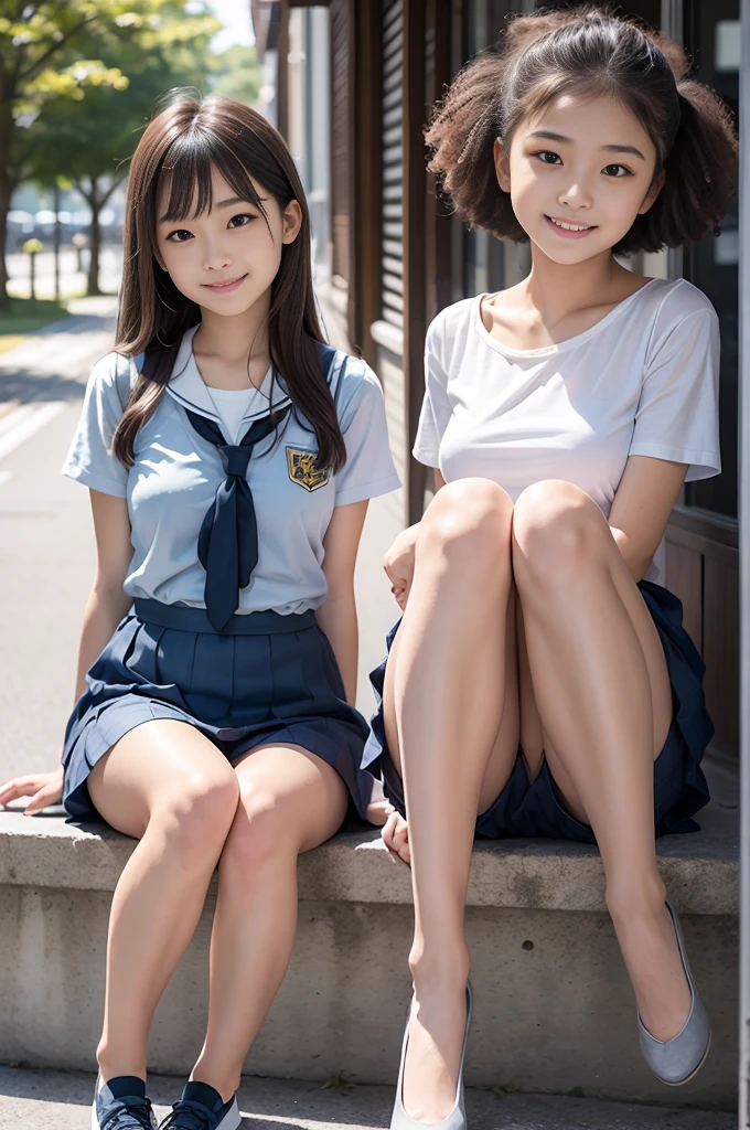 Pure Japanese school girl, outstanding body, beautiful legs, wearing uniform, natural hairstyles, sweet smile, sitting, refreshing in early summer, 