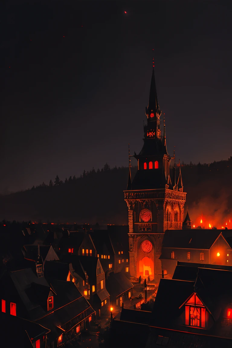 old European village shot with bird view, (Red glowing eyes), masterpiece, Depth of written boundary, Lutz, Gwaites style artwork, Gothic aesthetics, Dark Vampire village, ((in the dark gothic style cathle:1)), ((dark mid-night time:1.5)),