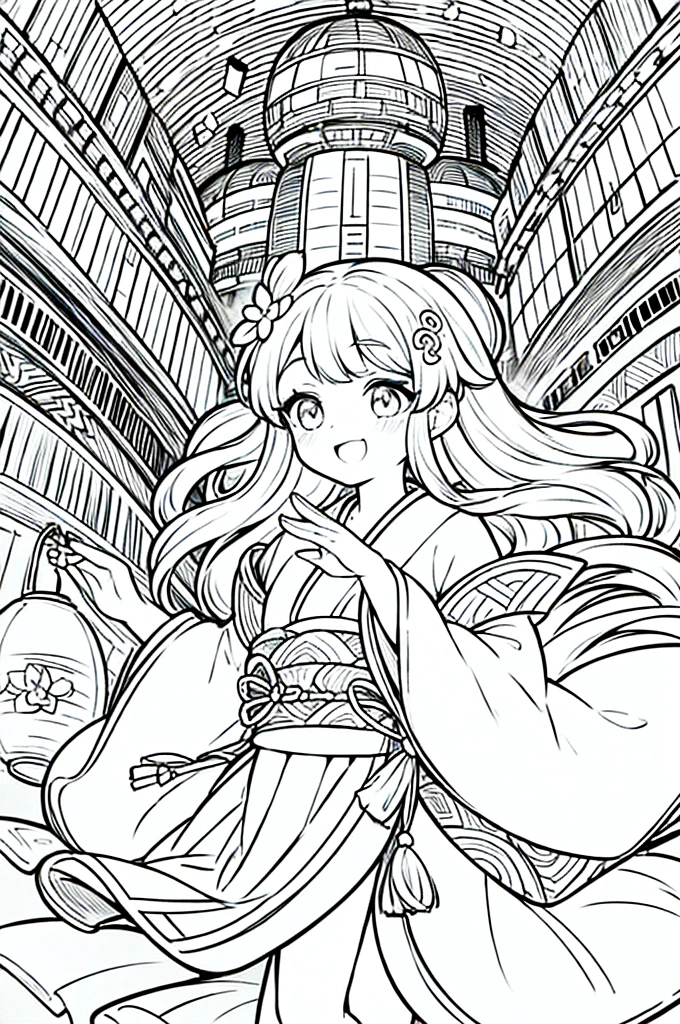 As a coloring book, the color should be black and white, the border should be simple, clear, and bold. A bubbly Asian girl with a contagious smile is enjoying a lively [matsuri festival] in the bustling streets of Tokyo. She is wearing a festive [kimono with goldfish pattern], the vibrant colors blending with the energy of the crowd. The girl's hands are clapping to the rhythm of the music, and her hair is adorned with a colorful [hair ornament]. The festival lanterns and street decorations provide a festive backdrop for the coloring book illustration.
