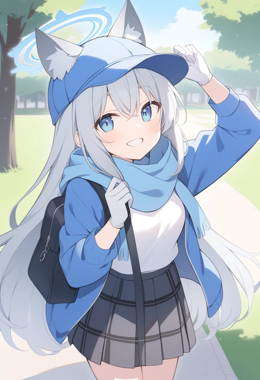 girl,Silver long hair, blue eyes, Wearing a blue hooded jacket,戴着Blue hood,A sky blue scarf, A white T-shirt, White gloves, And black plaid skirt, Standing in the park,Smile, blue halo,Blue hood,Put on your hat,Gray wolf ears,Carrying a black shoulder bag