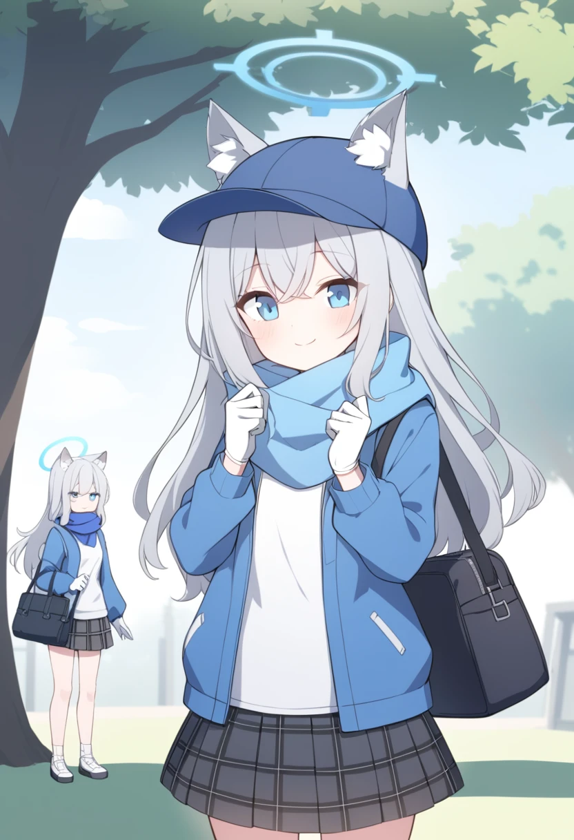 girl,Silver long hair, blue eyes, Wearing a blue hooded jacket,戴着Blue hood,A sky blue scarf, A white T-shirt, White gloves, And black plaid skirt, Standing in the park,Smile, blue halo,Blue hood,Put on your hat,Gray wolf ears,Carrying a black shoulder bag