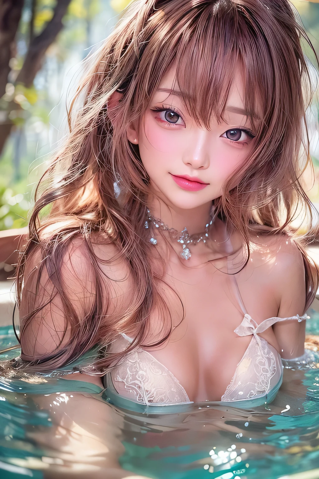 masterpiece, 1 Seductive Woman, Fine grain, highest quality, Ultra High resolution, (reality: 1.4), Cinema Lighting, Beautiful Skin, (Ultra-realistic), (High resolution), (8k), (Very detailed), ( Best illustrations), Pouting slightly, (Crystal colorful lights), Extremely refined and beautiful, beautiful detailed eyes, Round eyes, detailed facial features, (Round pupils:1.4), (alluring face), Glistening Lips, smile, (small breasts:1.3), Open lips, (Beautiful and detailed face, Beautiful and delicate eyes), pink cheek, mascara, brown hair, long hair, (cleavage:1.3), side boob, Open-air bath, white bath towel, night, bathing, in the forest, Big bath, figure, natural hot spring,