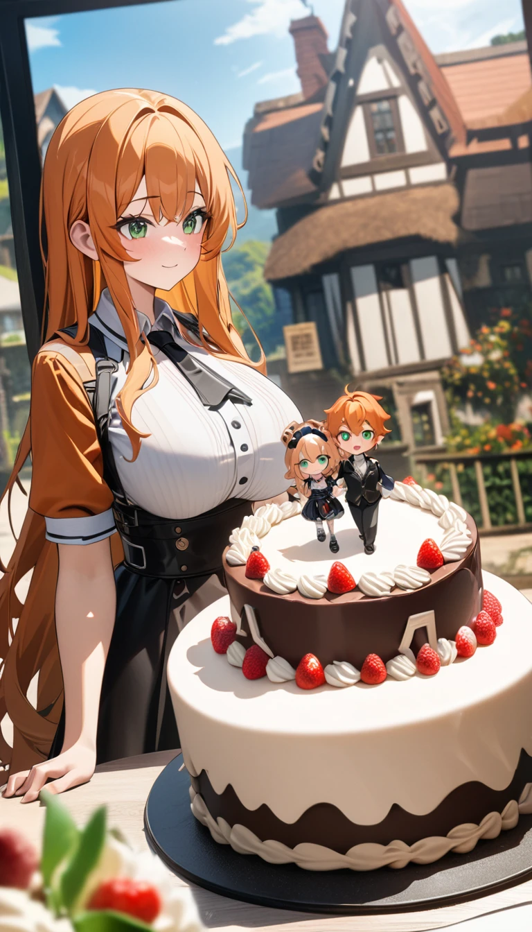 (masterpiece), best quality, ultra-detailed, 1024k UHD wallpaper, ultra-high resolution, depth of field, HDR, (extremely detailed CG 1024k wallpaper), Detailed face, Detailed Clothes, Ultra HD Photo, 1girl, orange hair, green eyes, large breast, birthday cake, house, with two kids, (newest anime art style)