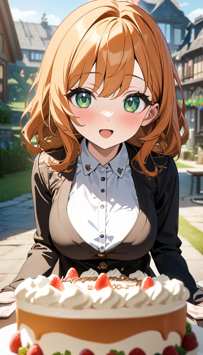 (masterpiece), best quality, ultra-detailed, 1024k UHD wallpaper, ultra-high resolution, depth of field, HDR, (extremely detailed CG 1024k wallpaper), Detailed face, Detailed Clothes, Ultra HD Photo, 1girl, orange hair, green eyes, large breast, birthday cake, house, with two kids, (newest anime art style)