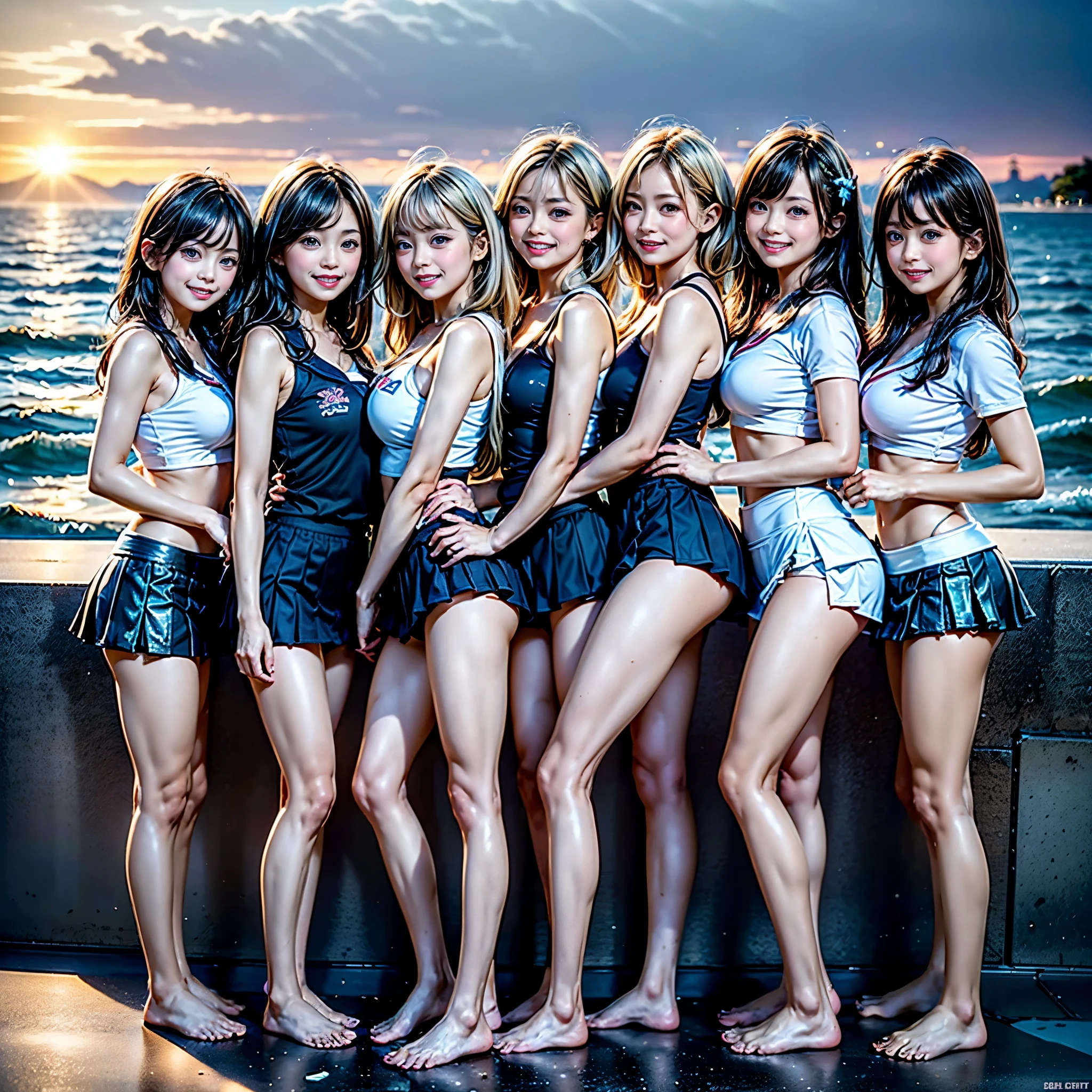 ((ExtremelyDetailed (12 PUNIPUNI KAWAII Girls in a row:1.37) in WHITE at Dusk Enoshima Beach)), (masterpiece 8K TopQuality) (ProfessionalPhoto:1.37), {(Standing Full Body:1.2)|(from below:1.2)}, Different types of hair colors, {(skinny(SchoolSwimwear))|(SchoolUniform with Low Rise Micro Shorts)}, {Detailed Childish hand|Hidden hand|Armpit|Different types of breasts of various sizes from HUGE to FLAT|(Clearly Visible the shape of Butt)}, Joyful Expressions LifeLike Rendering, PerfectLighting, (Dazzling RainbowColorHorizon), (Starry IridescentParticles:1.32) ColorfulClouds, (Acutance:0.8)(((from Side below))) (Standing in the sea) sparkling splashing water